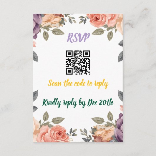 Modern Purple Floral QR Code RSVP | Scan to Reply  Informatiekaartje (Voorkant)
