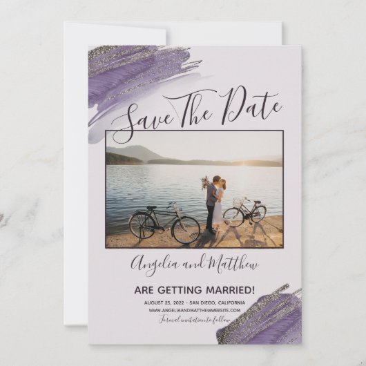 Modern Purple Glitter Spark Save The Date Photo (Voorkant)