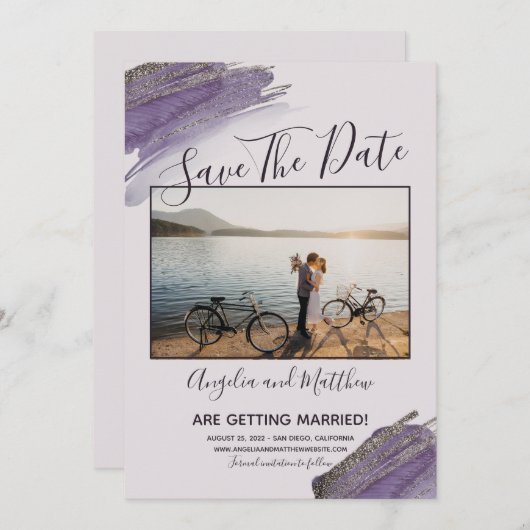 Modern Purple Glitter Spark Save The Date Photo (Voorkant / Achterkant)