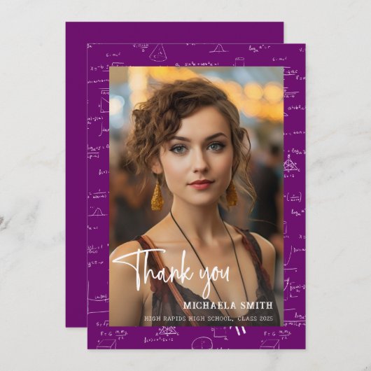 Modern Purple Math Script Photo Graduation  Bedankkaart (Voorkant / Achterkant)