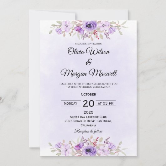 Modern Purple Minimalist Floral Wedding Invitation Kaart (Voorkant)