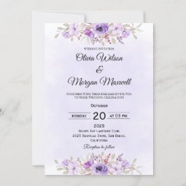 Modern Purple Minimalist Floral Wedding Invitation Kaart
