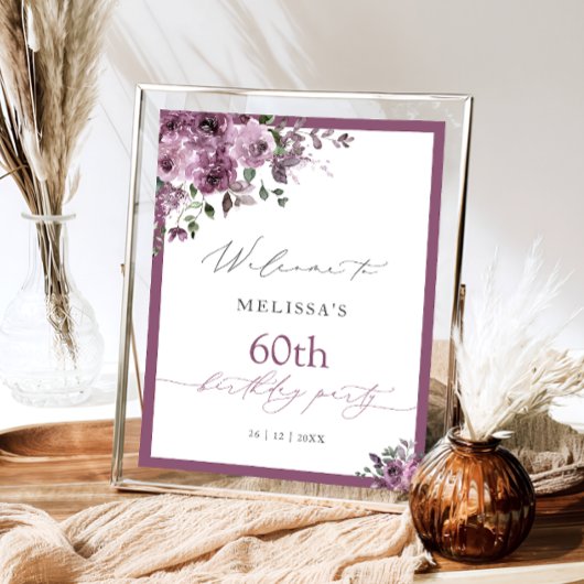 Modern Purple Roses 60th Birthday Welcome Poster