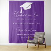 Modern Purple Script Twin Graduation Party Welcome Wandkleed (In situ)