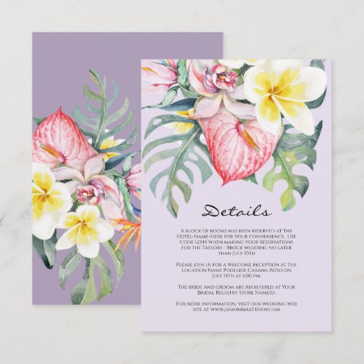 Modern Purple Tropical Floral Hawaii Wedding Informatiekaartje (Voorkant / Achterkant)