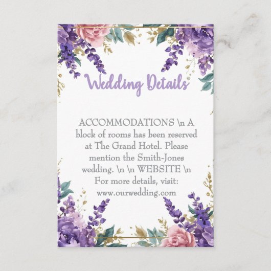 👉 Modern Purple Wisteria Gold Wedding Details Enc Informatiekaartje (Voorkant)