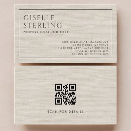 Modern QR Code Beige Linen Professional Luxury  Visitekaartje