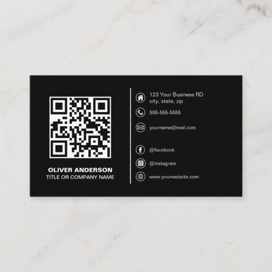 Modern QR Code Custom Logo Social Media Zwart Visitekaartje (Voorkant)