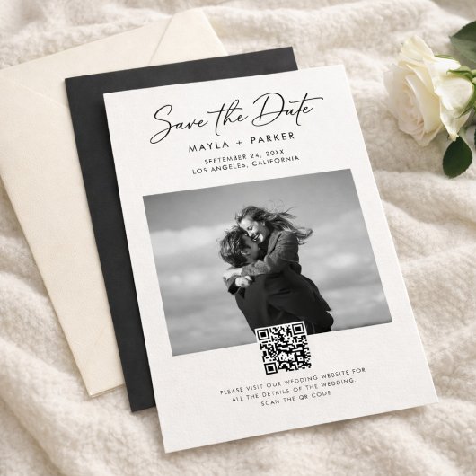 Modern QR Code Elegant Photo Wedding Save the Date