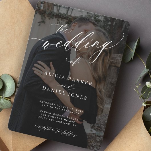 Modern QR CODE elegant script 2 photos wedding Kaart