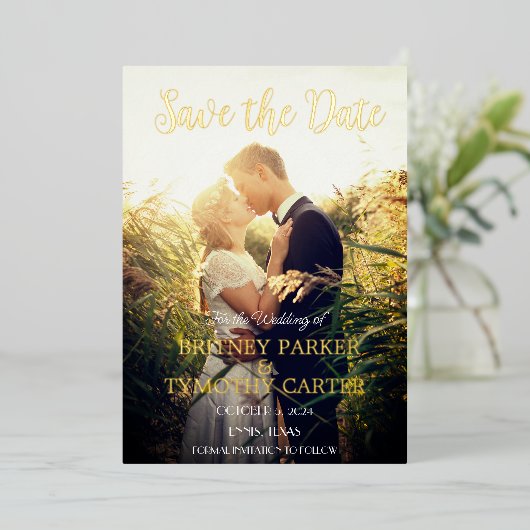 Modern QR Code Foto script Navy Blue Wedding Folie Uitnodiging (Staand Voorkant)