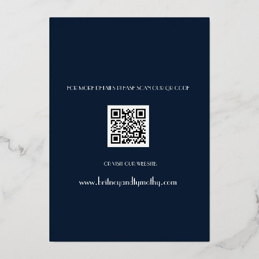 Modern QR Code Foto script Navy Blue Wedding Folie Uitnodiging (Achterkant)