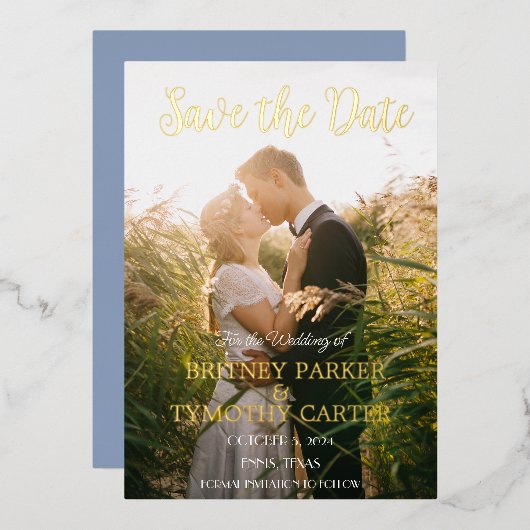 Modern QR Code Foto script robuust Blue Wedding Fo Folie Uitnodiging (Voorkant / Achterkant)