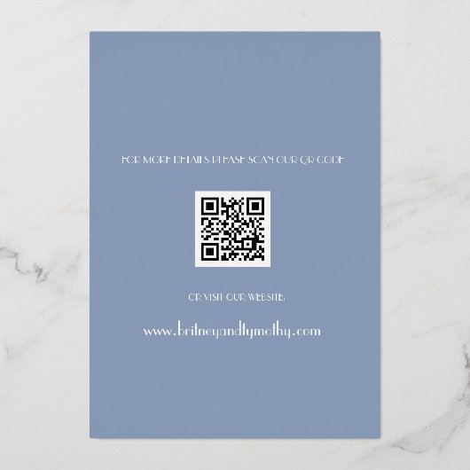 Modern QR Code Foto script robuust Blue Wedding Fo Folie Uitnodiging (Achterkant)