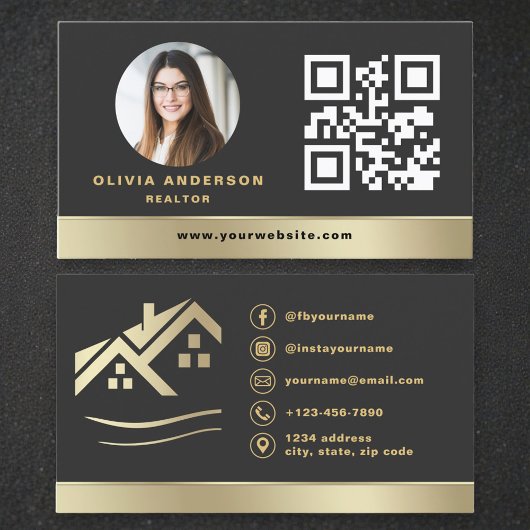 Modern QR Code Gold House Real Estate Realtor Visitekaartje