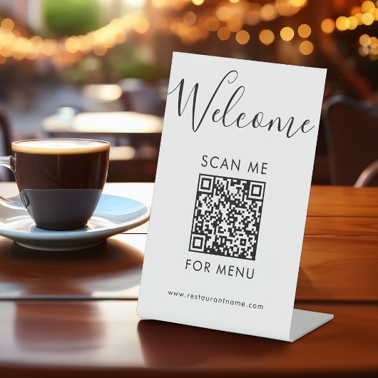 Modern QR-code Menu Zwart en Wit Scan Me Café Reclamebord Met Voetstuk