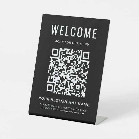 Modern QR Code Restaurant Menu Zwart tafelblad Reclamebord Met Voetstuk (Voorkant)