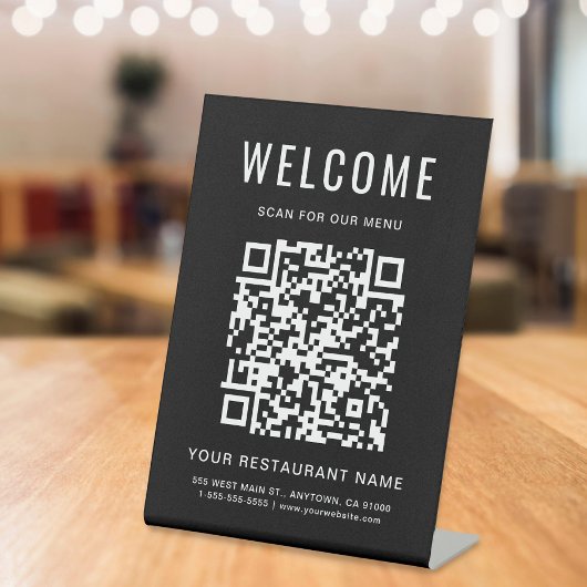 Modern QR Code Restaurant Menu Zwart tafelblad Reclamebord Met Voetstuk