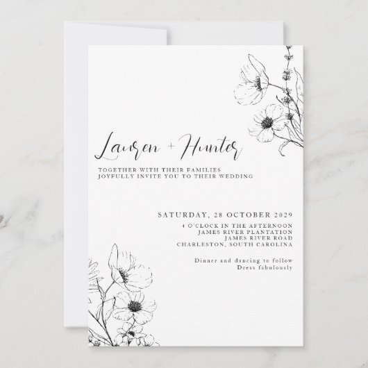 Modern QR Code Script Black White Floral Wedding Kaart (Voorkant)