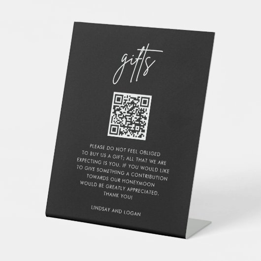 Modern QR Gift Registry Honeymoon Weddenschap Reclamebord Met Voetstuk (Voorkant)