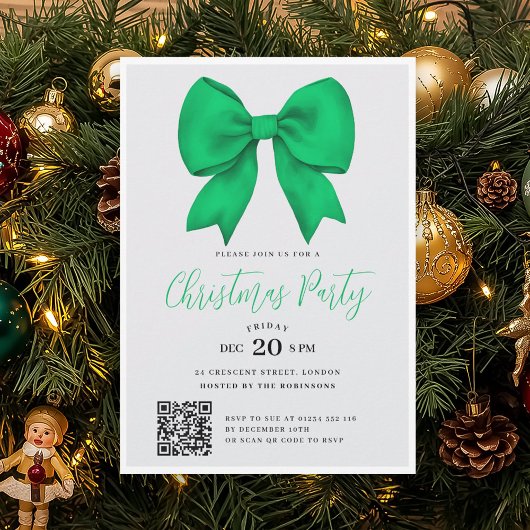 Modern QR Green Holiday Bow Christmas Party Kaart