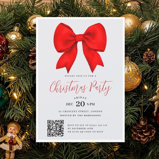 Modern QR Red Holiday Bow Christmas Party Kaart