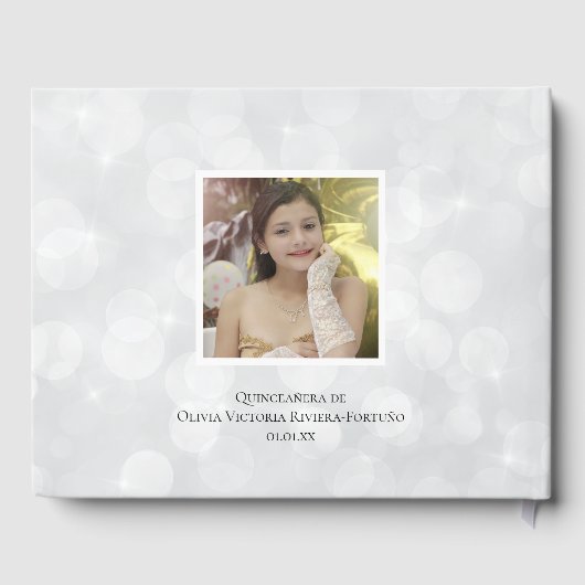Modern Quinceanera Birthday Silver Bokeh Foto Gastenboek (Achterkant)