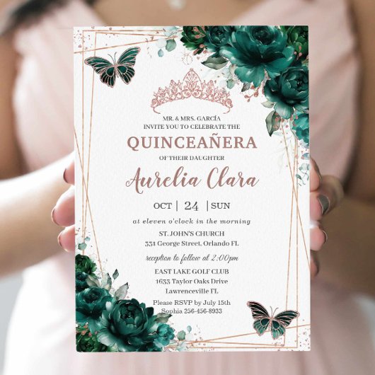 Modern Quinceañera Emerald Green Floral Roos Gold Kaart