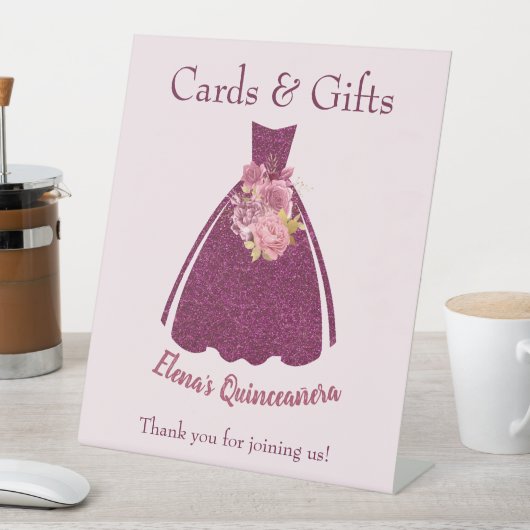 Modern Quinceañera Glitter Gown Gifts Table Reclamebord Met Voetstuk (Insitu)