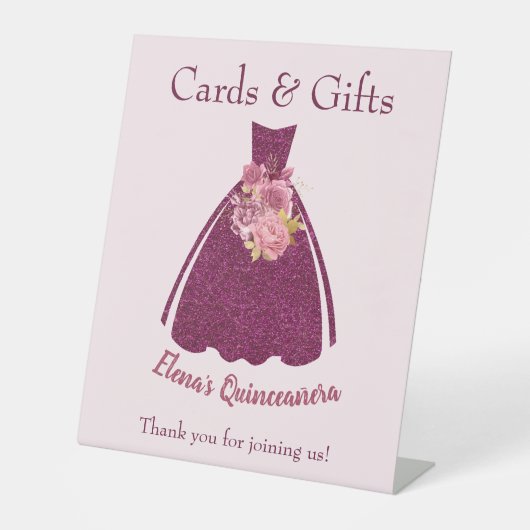 Modern Quinceañera Glitter Gown Gifts Table Reclamebord Met Voetstuk (Voorkant)