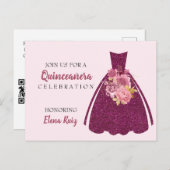 Modern Quinceañera Glitter Gown QR Code Uitnodigin Aankondigingskaart (Voorkant / Achterkant)