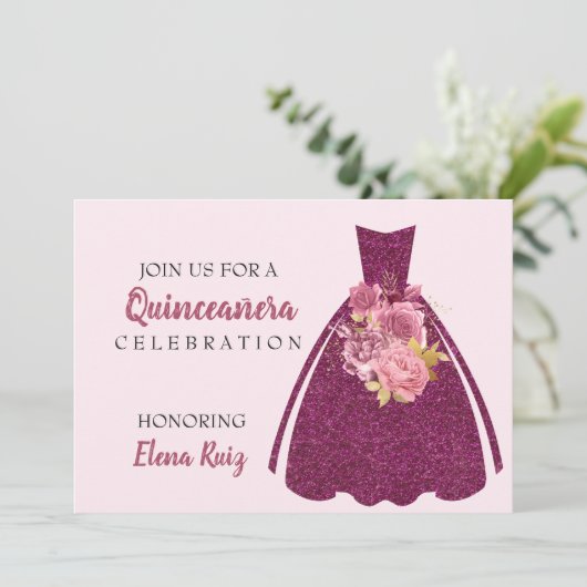 Modern Quinceañera Glitter Gown QR Code Uitnodigin Save The Date (Staand voorkant)