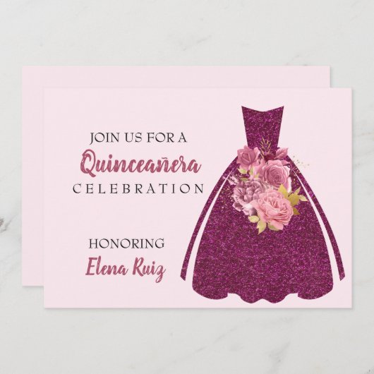 Modern Quinceañera Glitter Gown QR Code Uitnodigin Save The Date (Voorkant / Achterkant)