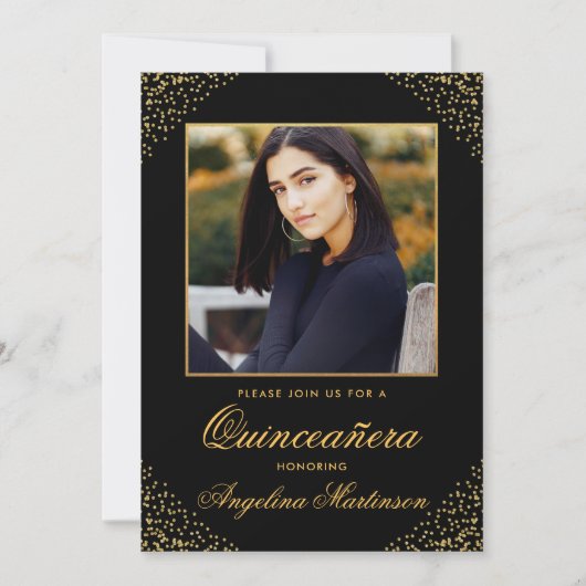 Modern Quinceanera Photo Gold Glitter Black Kaart (Voorkant)