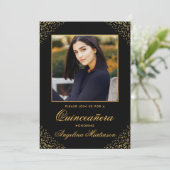 Modern Quinceanera Photo Gold Glitter Black Kaart (Staand voorkant)
