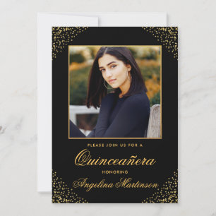 Modern Quinceanera Photo Gold Glitter Black Kaart