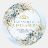 Modern Quinceañera Sticker Blue Gold Greenery (Voorkant)