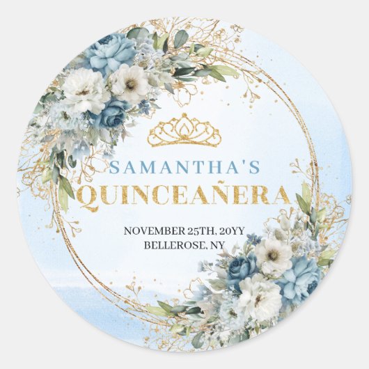 Modern Quinceañera Sticker Blue Gold Greenery (Voorkant)