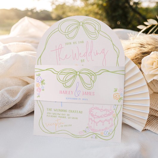 Modern quirky hand drawn bow PASTEL retro wedding Uitnodigingen Wikkel