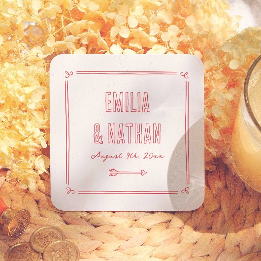 Modern Quirky Retro Hand Drawn Cupid Wedding Kartonnen Onderzetters