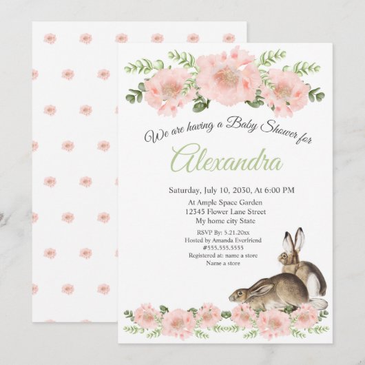 Modern Rabbit Pink Poppy bloemenmeisje baby shower Aankondiging (Voorkant / Achterkant)