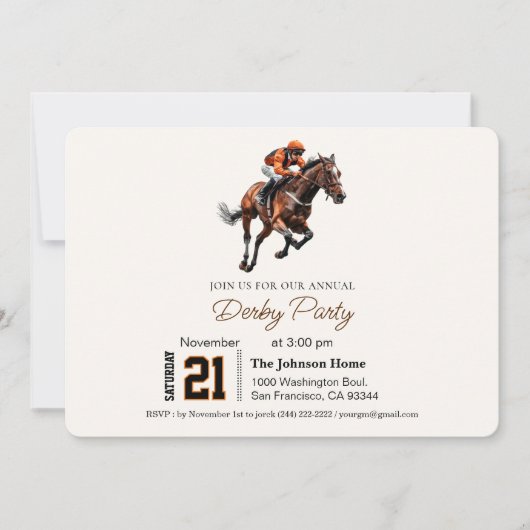 Modern Race Horse Derby Party Equestrian Kaart (Voorkant)