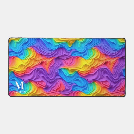 Modern Rainbow Abstract Swirls Monogram Bureaumat (Voorkant)