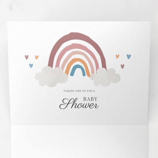 Modern Rainbow Boho Script Chic Baby shower Drieluik Uitnodiging (Binnenzijde eerst)