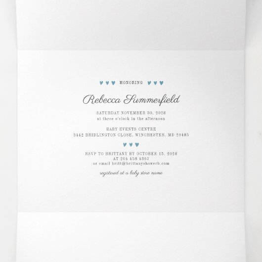 Modern Rainbow Boho Script Chic Baby shower Drieluik Uitnodiging (Binnenkant midden)