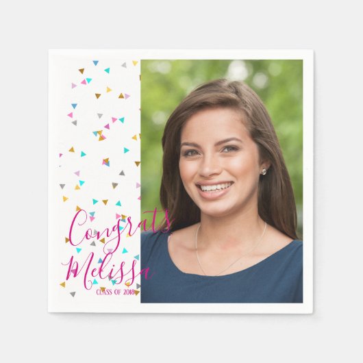 Modern Rainbow Confetti Afstuderen Foto Napkins Servet (Voorkant)