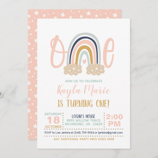Modern Rainbow Eerste Verjaardag Uitnodiging - Mei (Voorkant / Achterkant)