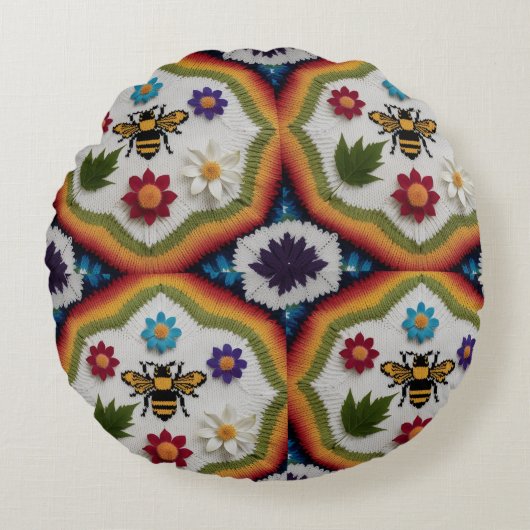 Modern Rainbow Fair Isle Knit Pattern Throw Pillow Rond Kussen (Voorkant)