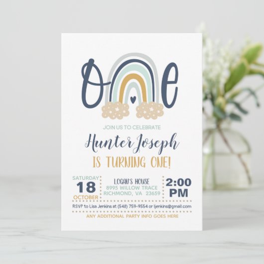 Modern Rainbow First Birthday Invitation - Boy NB Kaart (Staand voorkant)