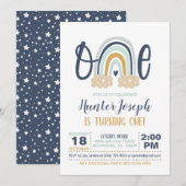 Modern Rainbow First Birthday Invitation - Boy NB Kaart (Voorkant / Achterkant)